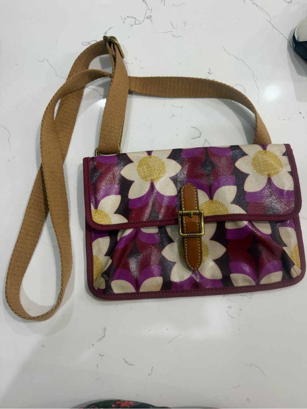 Fossil Floral Crossbody Bag in Purple, Cream and Yellow